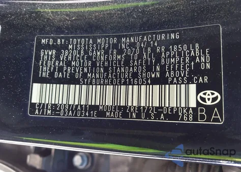 2014 Toyota Corolla L z USA, uszkodzony, nr VIN 5YFBURHE0EP116054